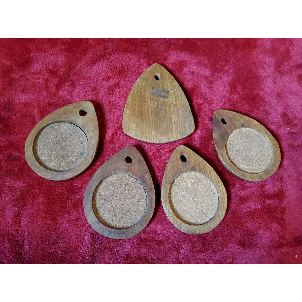 MCM Sere Hard Wood Cork Teardrop Coasters & Wooden Holder Set